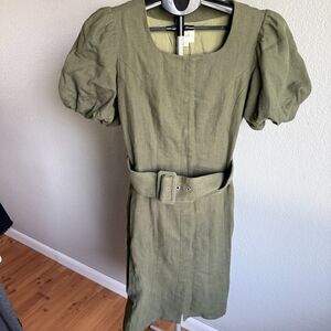 Roolee Salt Puff Sleeve Ramie Cotton Natural Snap Front Belted Modest Dress M